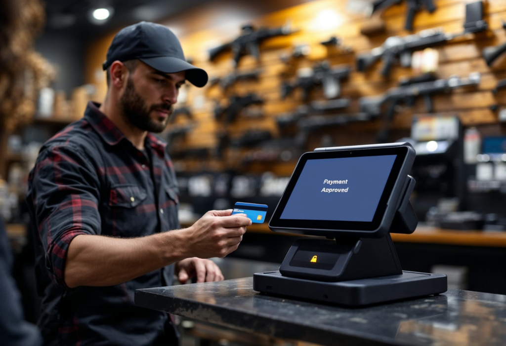 Secure payment processing at a modern gun store checkout.