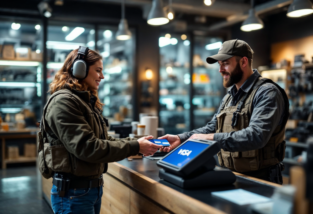 a woman handing a credit card to a man at a cash register