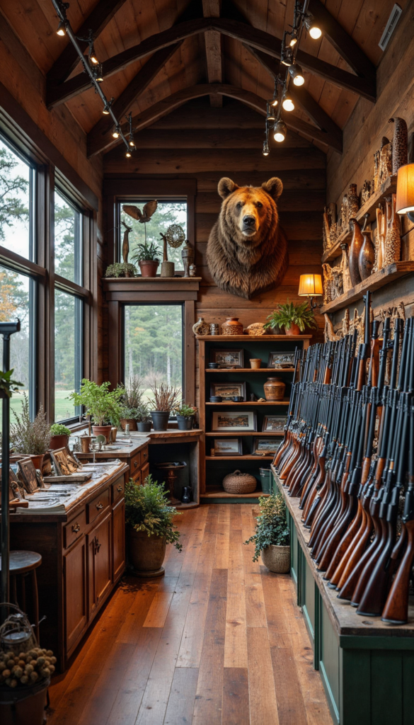 Modern day hunting store with lots of hunting rifles and shotguns and a big bear mount standing in the corner