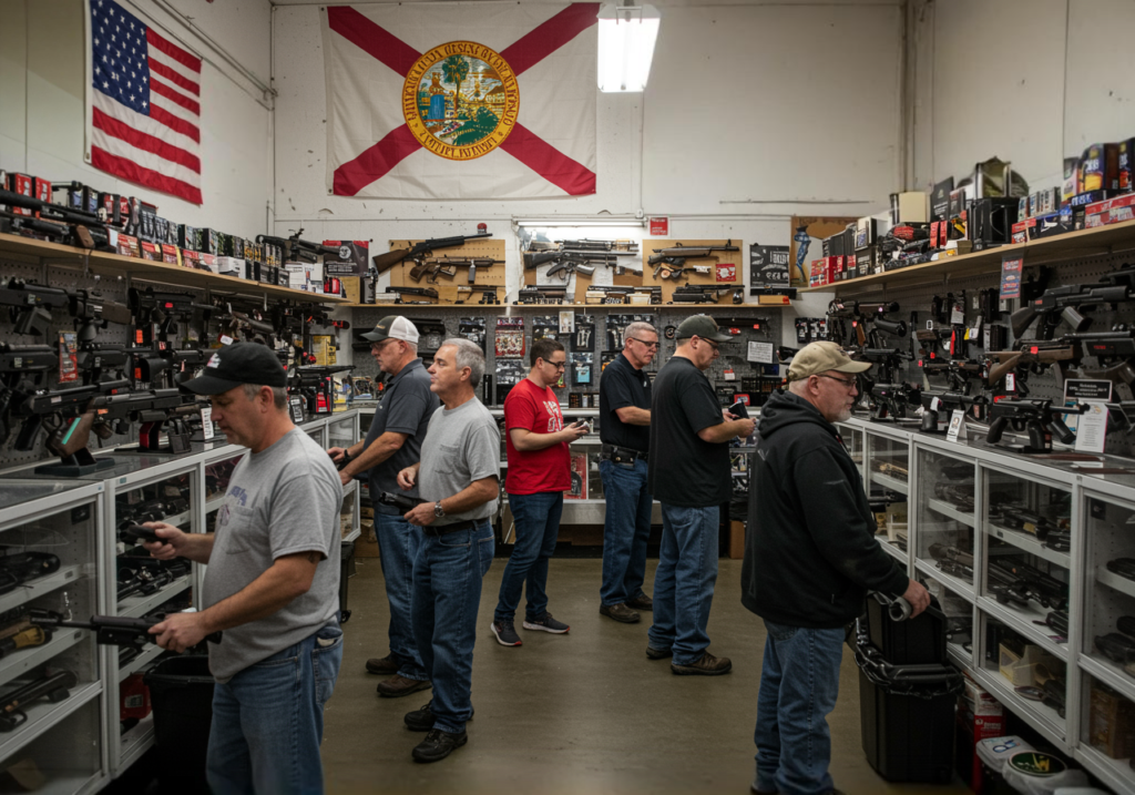 a group of people in a Florida gun store interested in Florida Permitless Carry laws