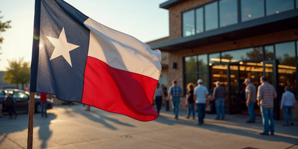 Texas flag with a gun store experiencing record firearm sales.Texas Gun Sales Surge in 2024, Setting New Records.