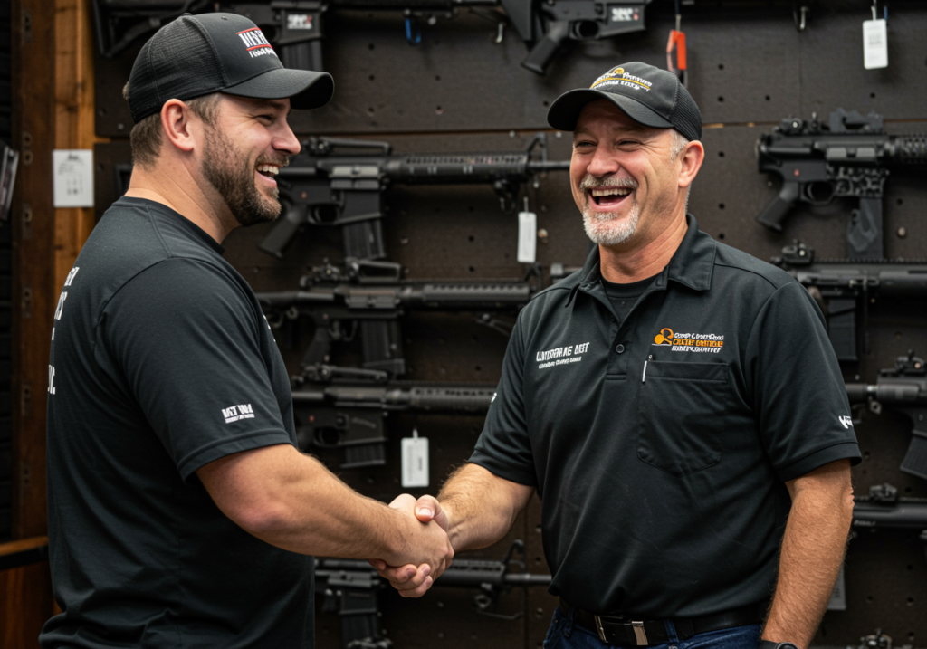 Photo of a California gun shop owner smiling broadly and enthusiastically shaking hands with customers. Background shows rows of AR-15 rifles and "Ban Overturned!" signage.