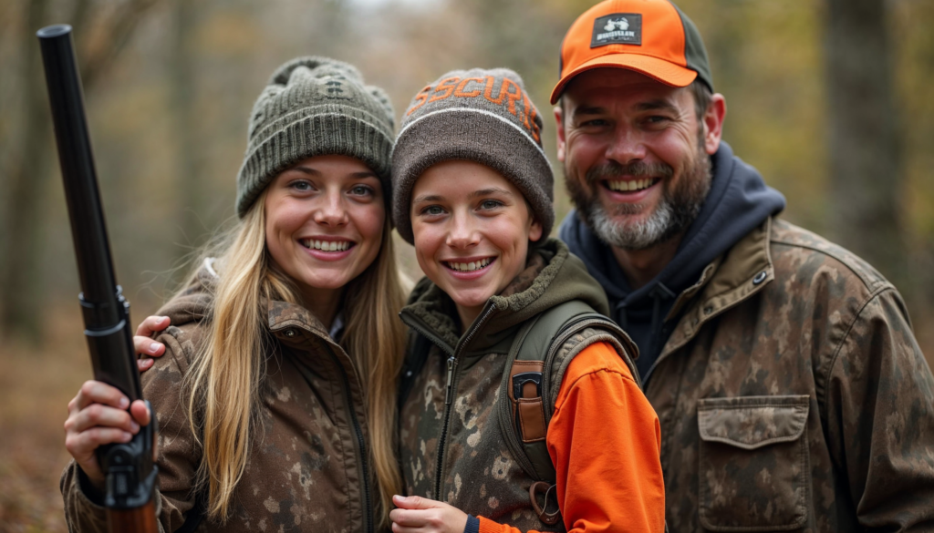 Family enjoying Sunday hunting in Pennsylvania woods.