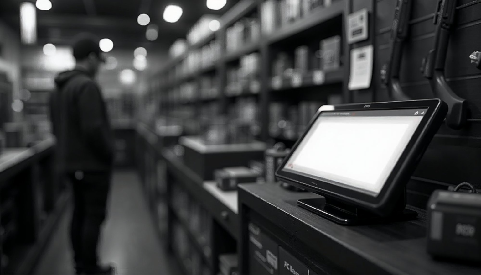 Secure Payment Gateway for Firearms Visual of a secure POS system in a gun store with PCI compliance badges and multiple payment options.