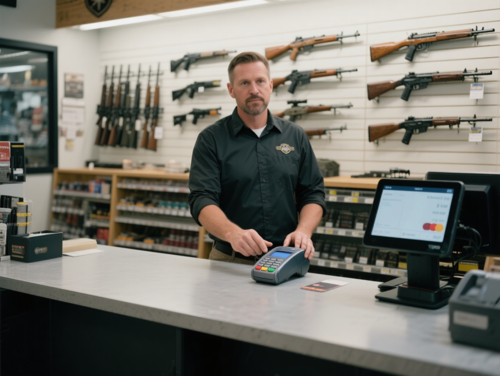 Firearm store owner using a gun-friendly payment processor with a visible POS system, showcasing a secure firearms merchant account setup for FFL payment processing.