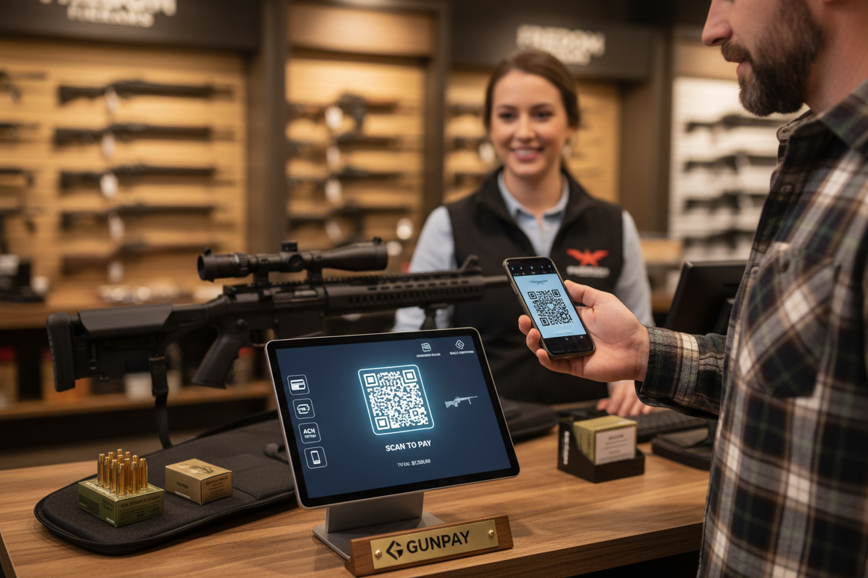 Essential smart payments for gun stores in 2026 shown QR code being used.
