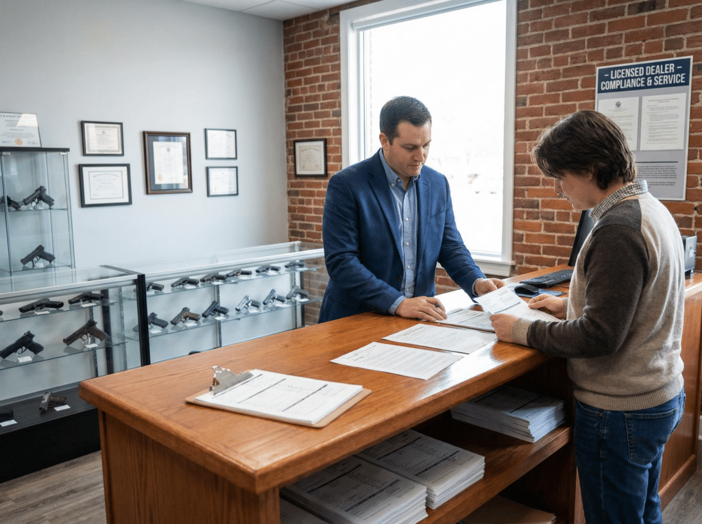 licensed firearms dealer assisting customer with FFL transfer paperwork at local gun store