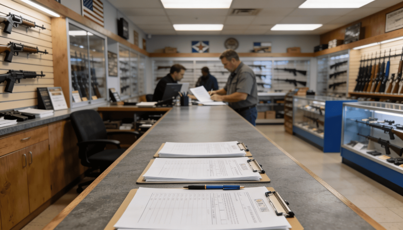 what is an FFL dealer panoramic view of licensed firearms dealer handling transfer paperwork